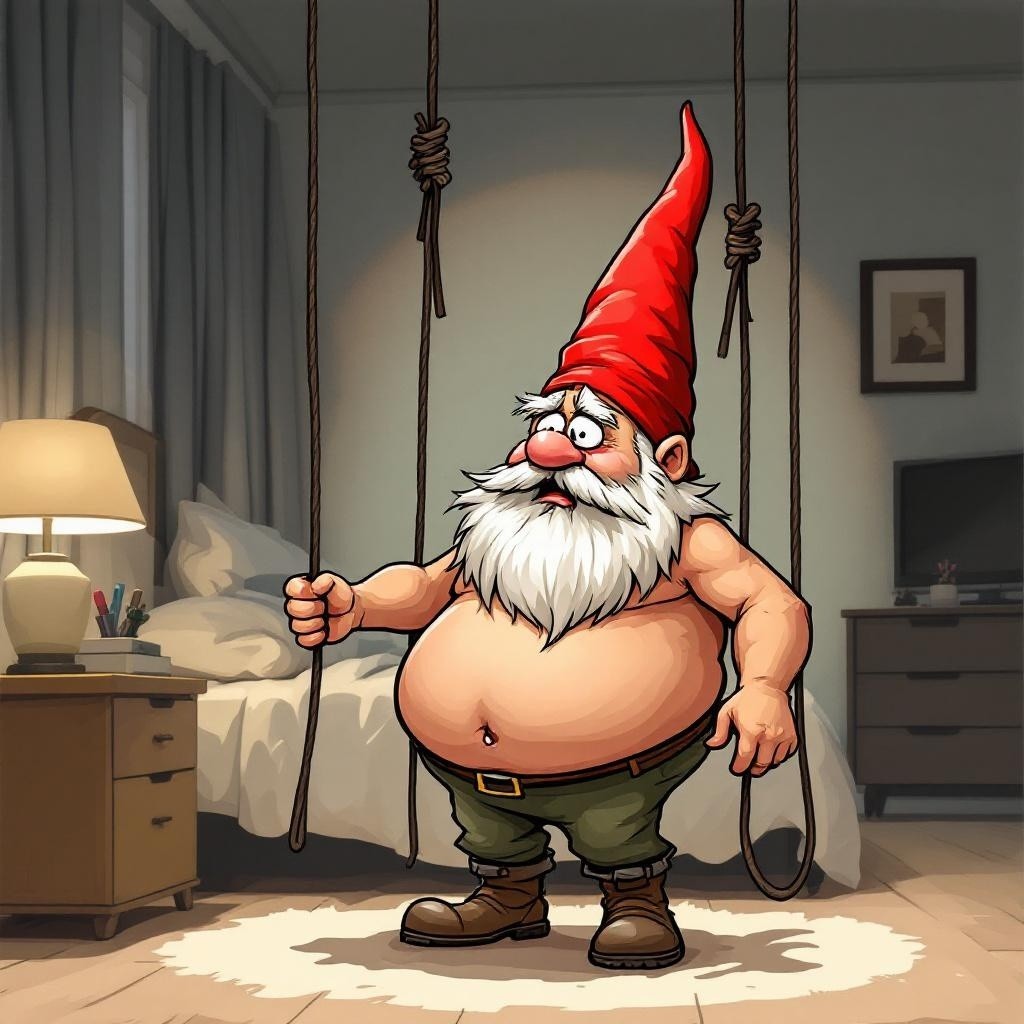 Cartoonish gnome in cozy bedroom with soft lighting