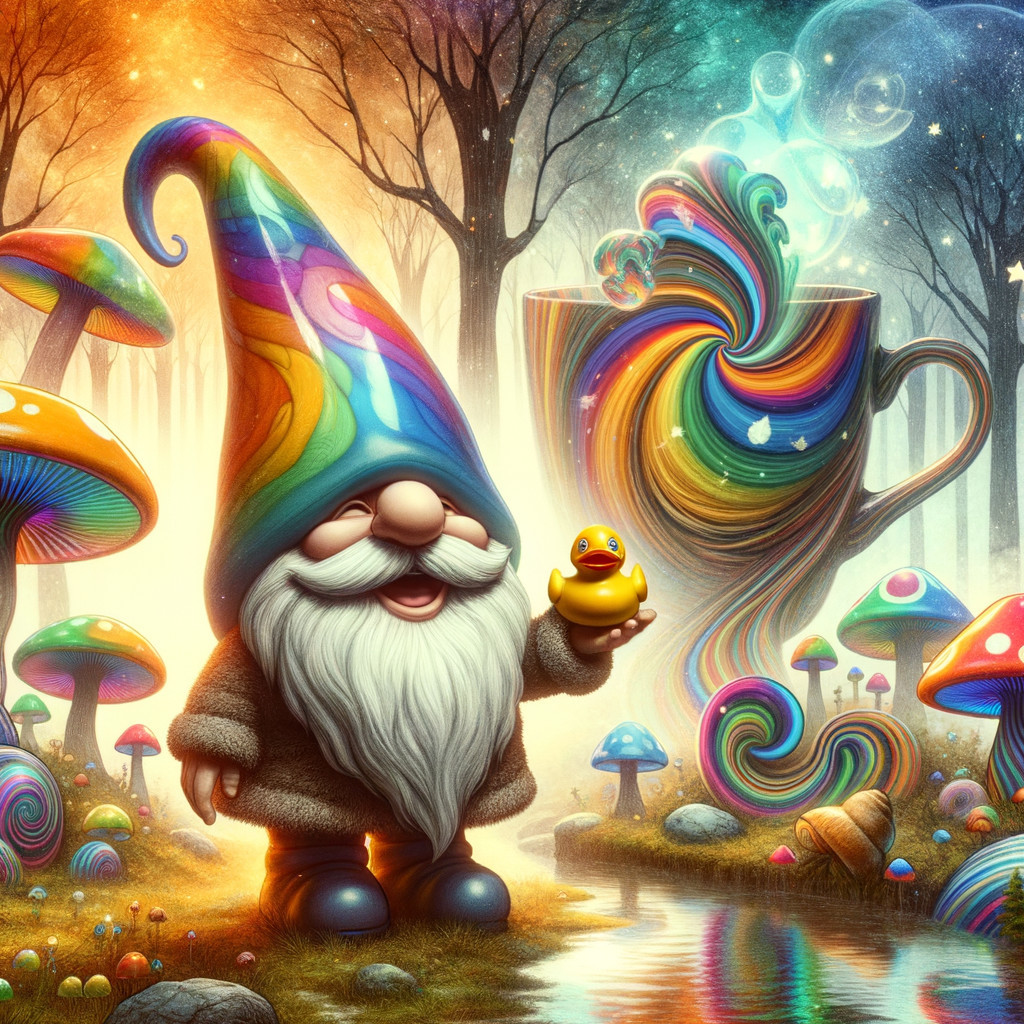 Whimsical Gnome by Stream with Colorful Elements