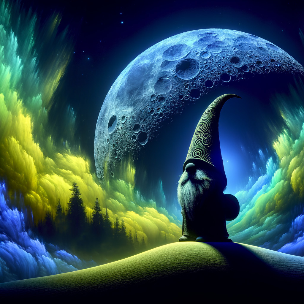 Whimsical Gnome Under a Vivid Moonlit Sky
