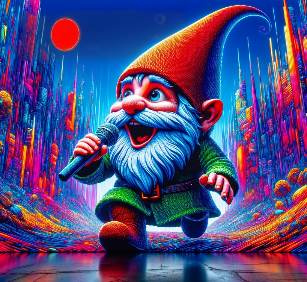 Colorful Animated Gnome in Futuristic Landscape