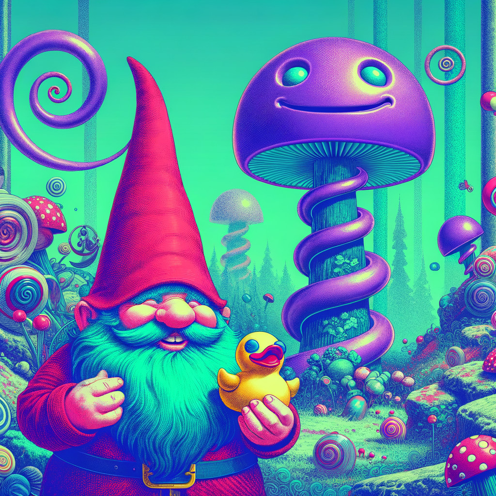 Colorful Gnome with Duck in Whimsical Landscape