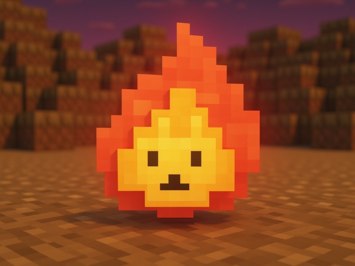 Pixelated Flame in Blocky Pixel-Art Landscape