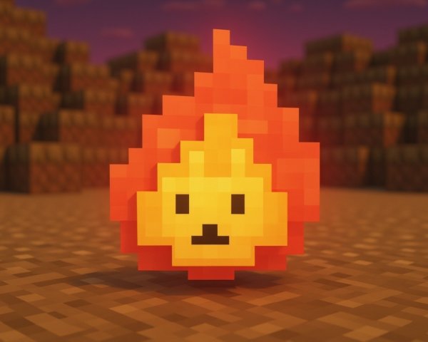 Pixelated Flame in Blocky Pixel-Art Landscape