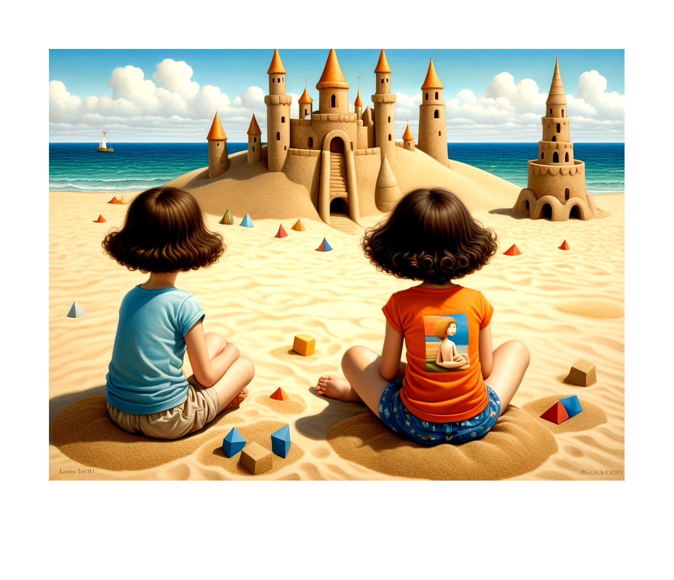 Young Girls Admiring Detailed Sandcastle on Beach
