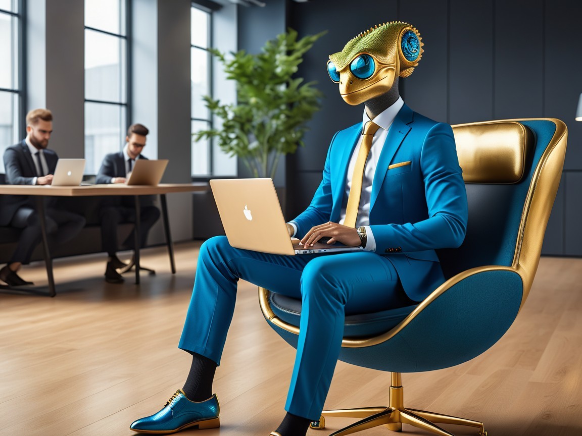Humanoid Figure with Lizard Head in Modern Office