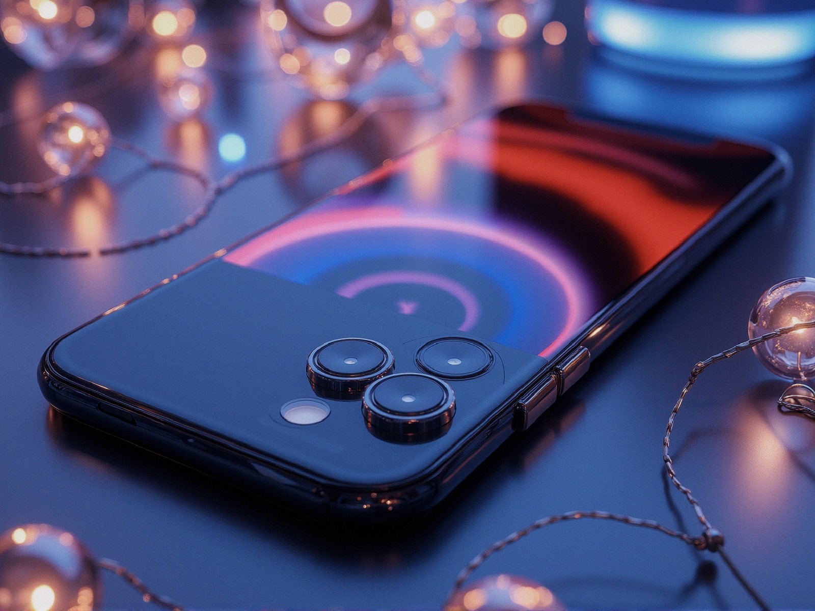 Sleek smartphone with reflective design and cameras