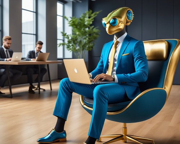 Humanoid Figure with Lizard Head in Modern Office