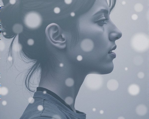 Young woman in serene misty background with snowflakes