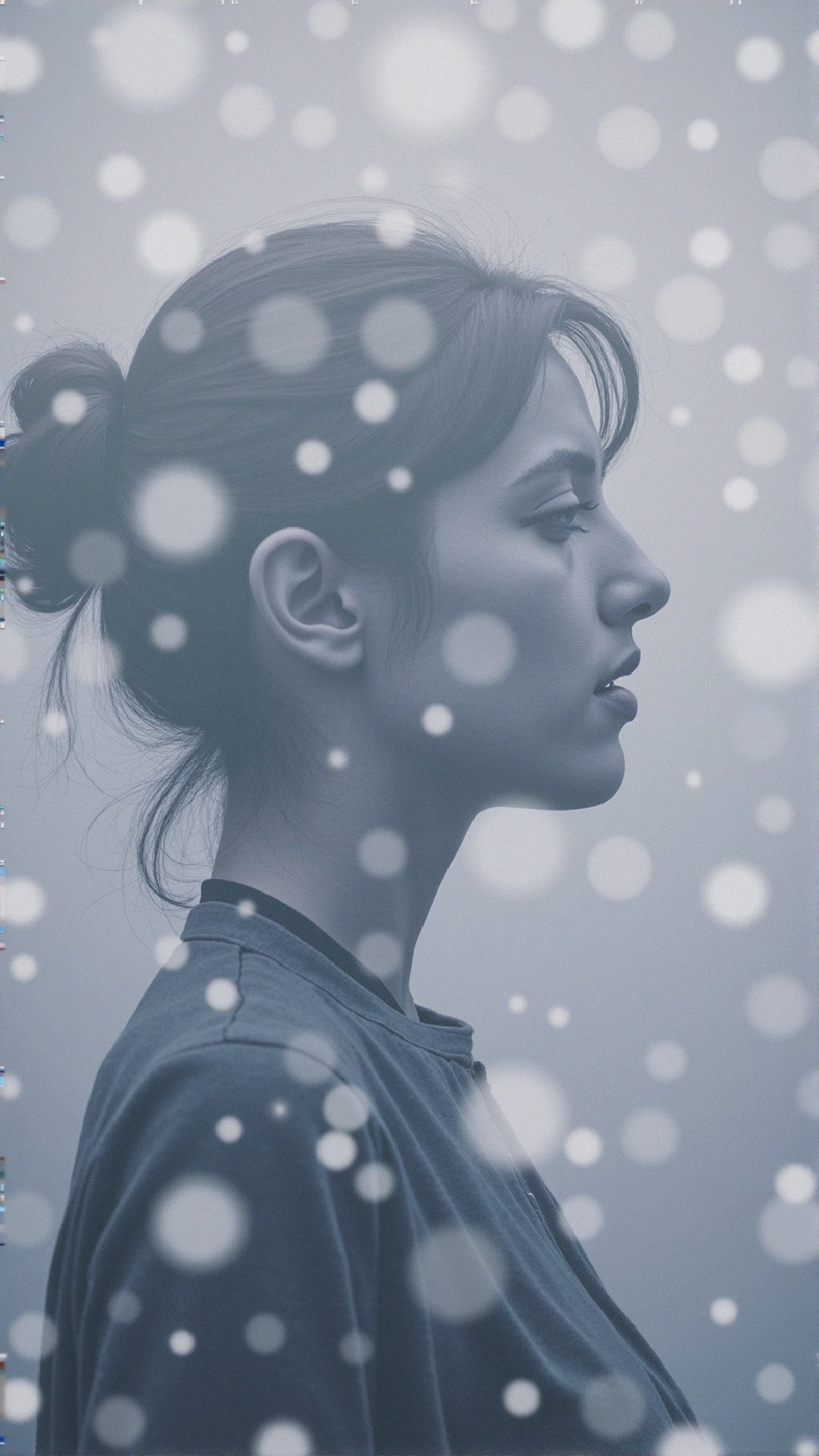 Young woman in serene misty background with snowflakes
