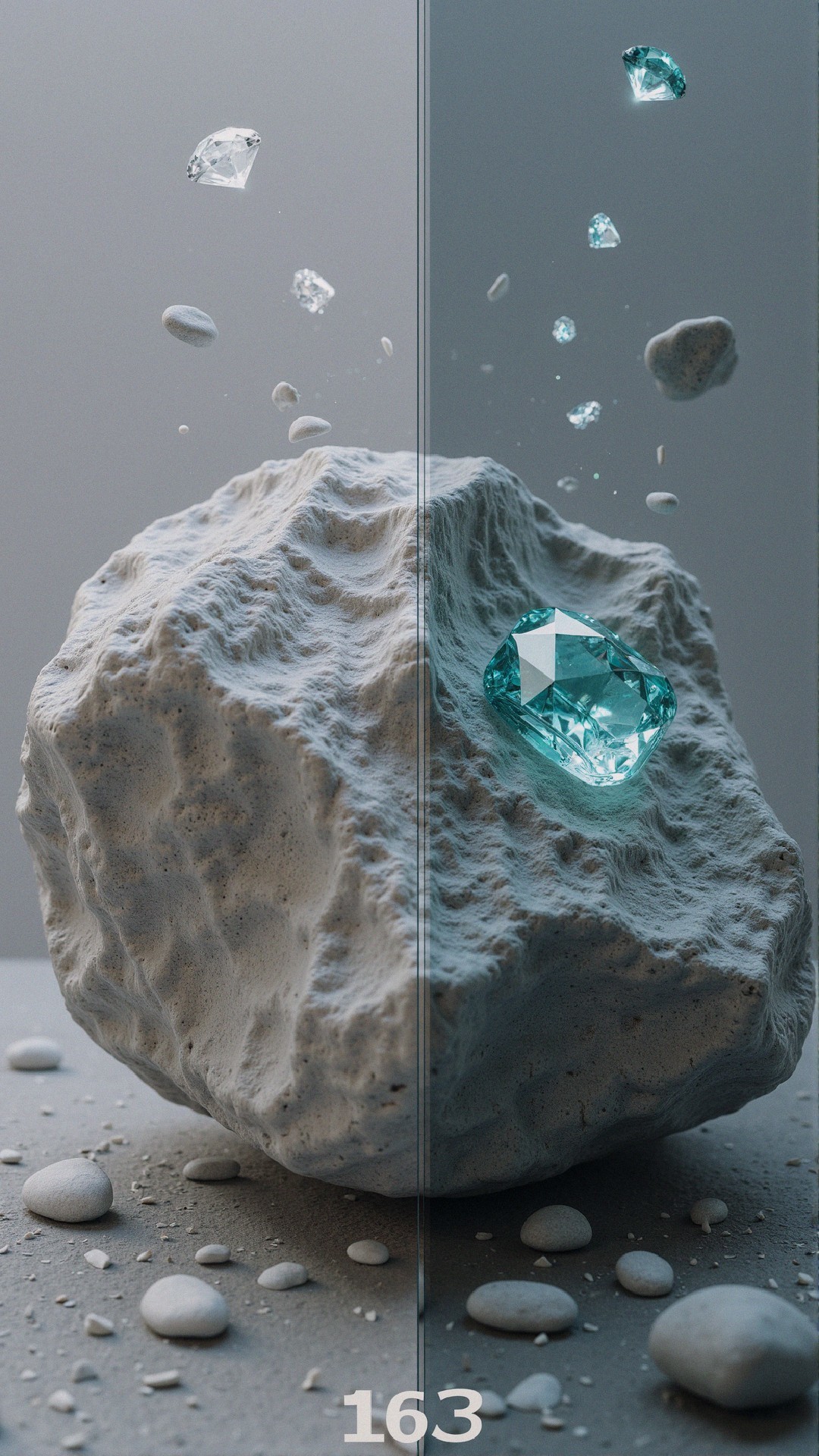 Textured Rock Surrounded by Smooth Pebbles and Diamonds