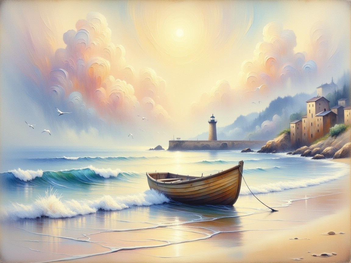 Serene Coastal Scene with Boat and Lighthouse