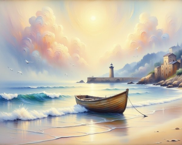 Serene Coastal Scene with Boat and Lighthouse