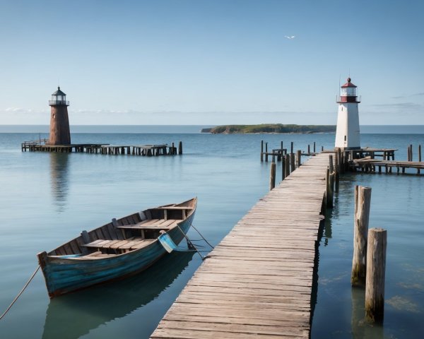 Coastal Scene with Lighthouses and Rustic Boat