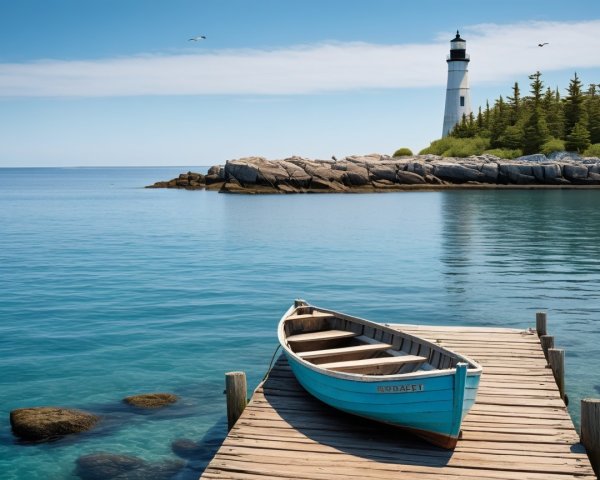 Coastal Scene with Boat, Dock, and Lighthouse