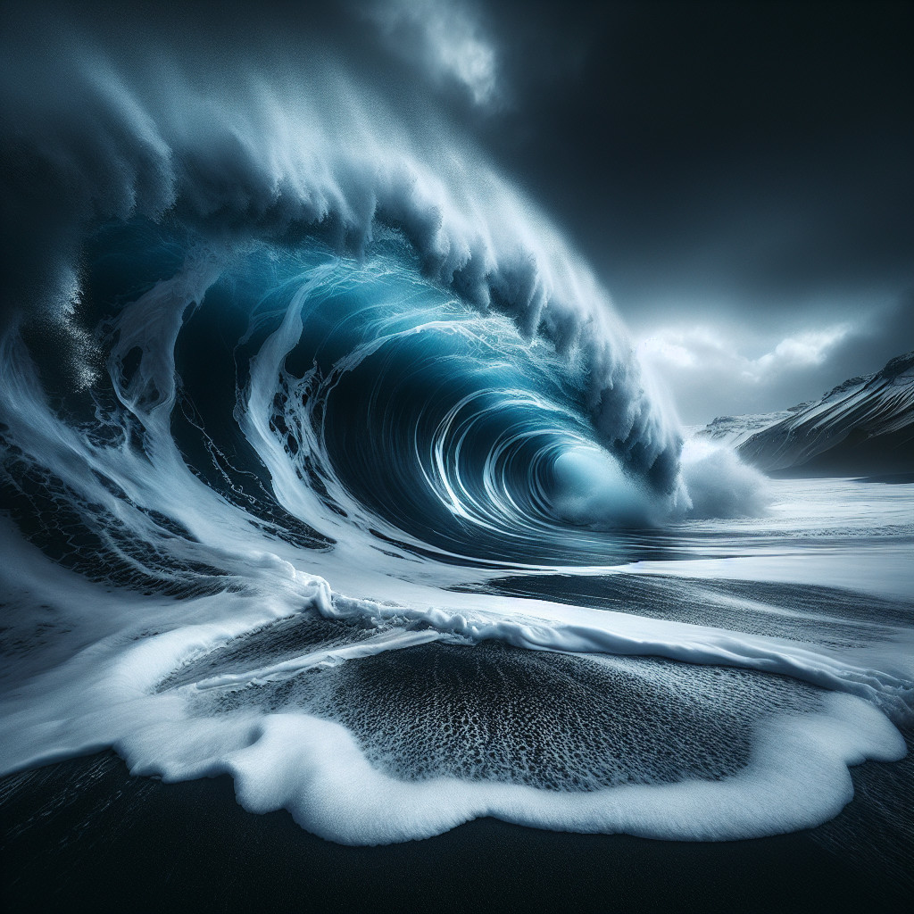 Colossal Wave Crashing on Dark Sand Beach
