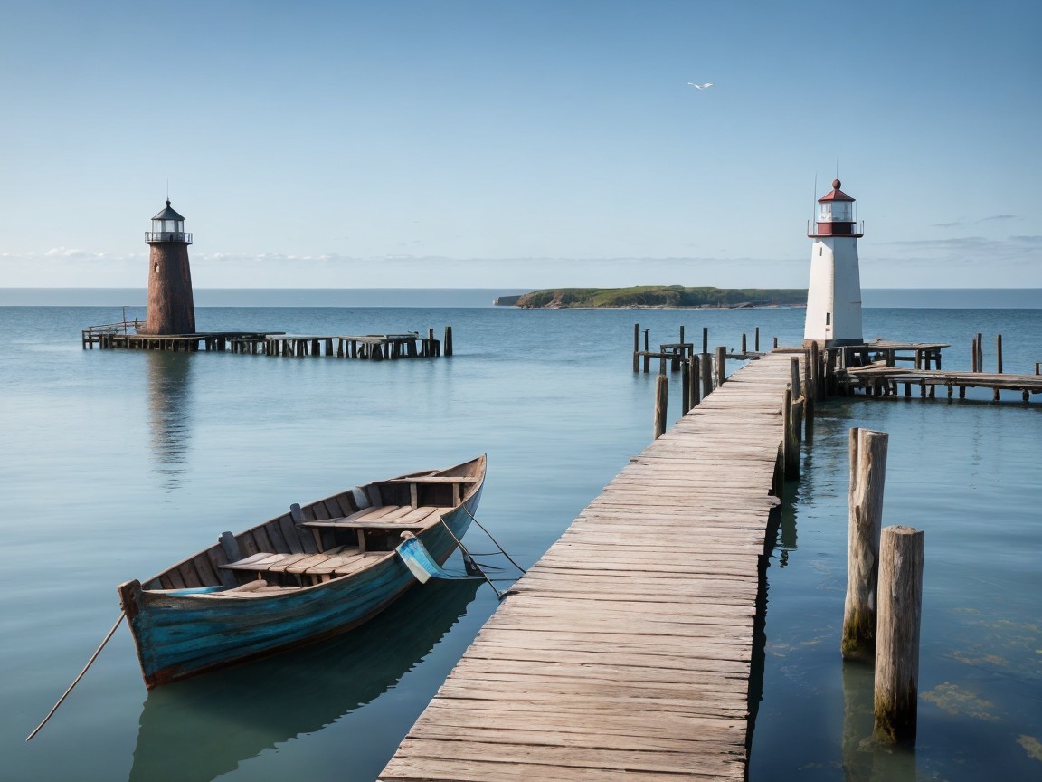 Coastal Scene with Lighthouses and Rustic Boat