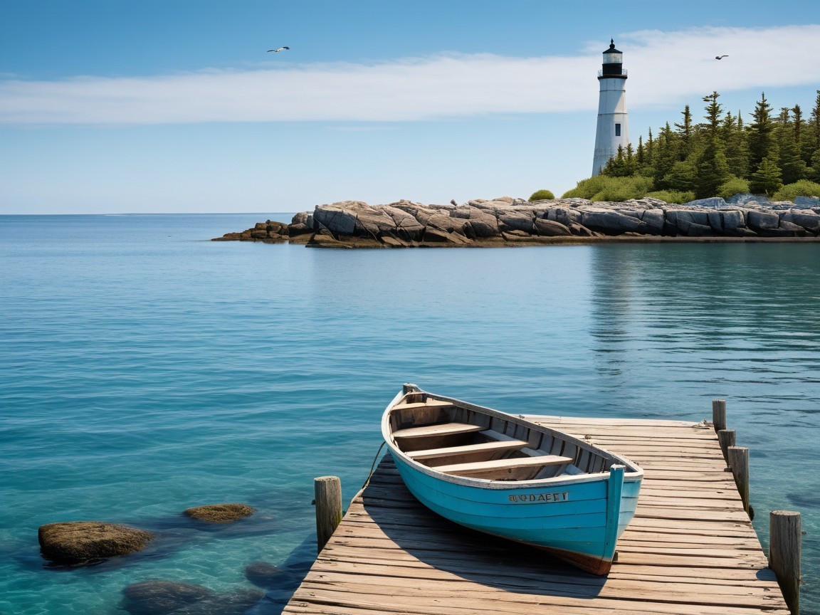 Coastal Scene with Boat, Dock, and Lighthouse