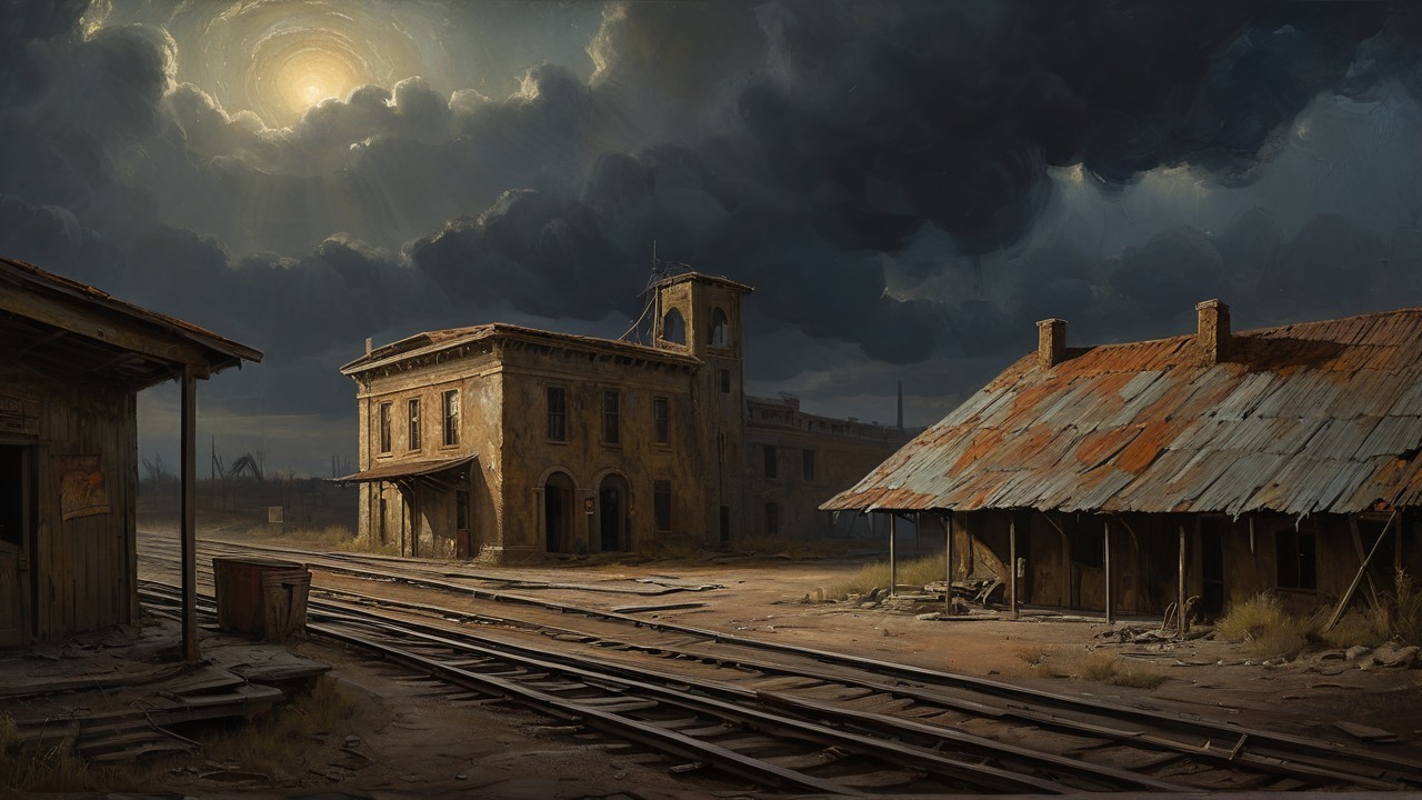 Desolate Railway Station Under Dramatic Sky