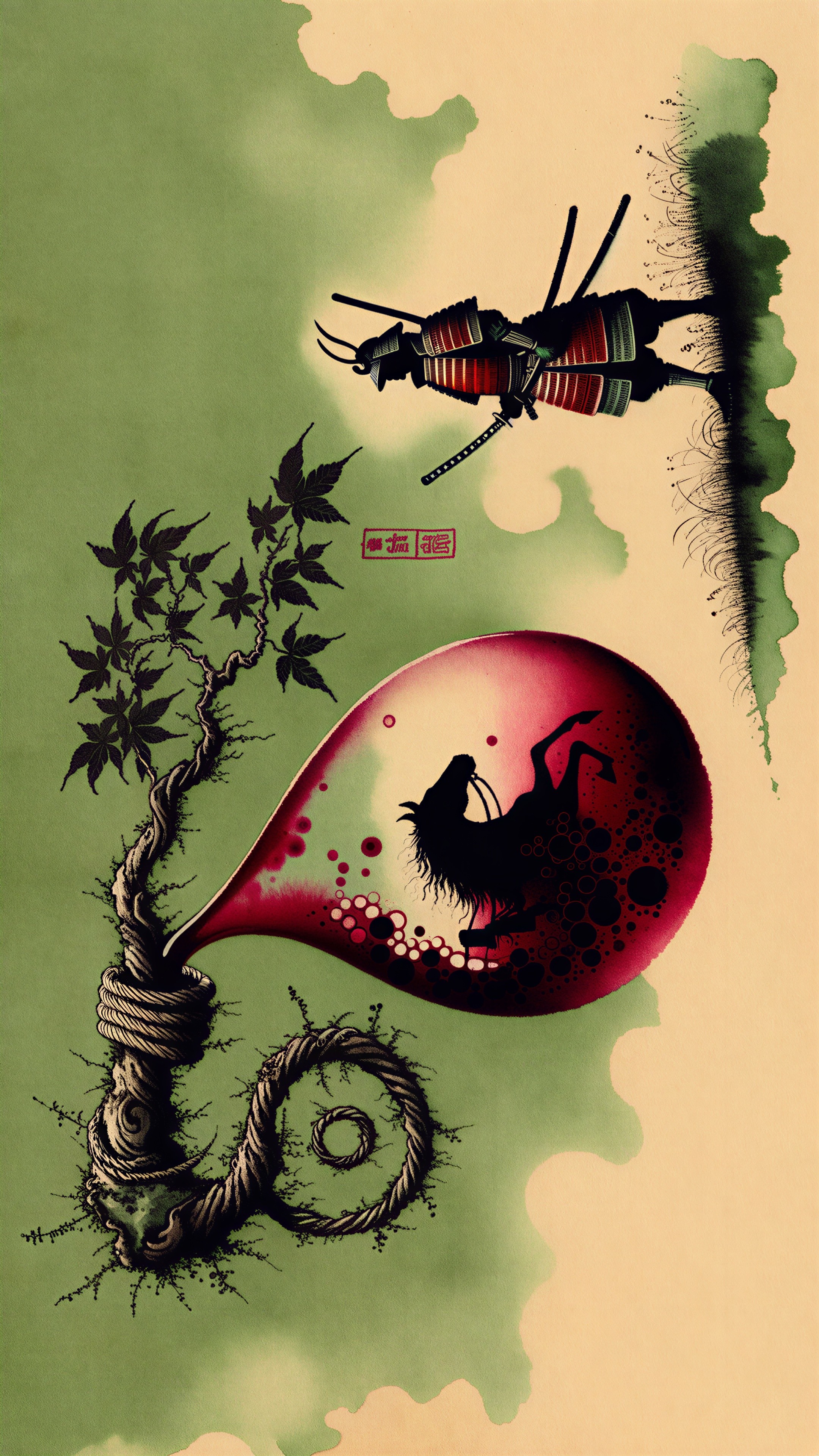 Samurai Silhouette with Abstract Nature Imagery