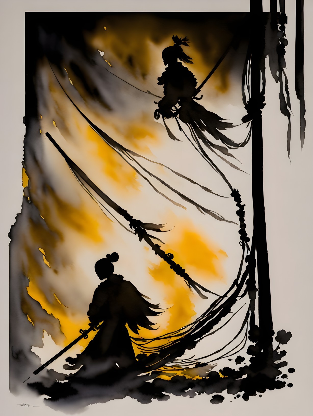 Shadowy Figures in Dynamic Pose with Swords Drawn