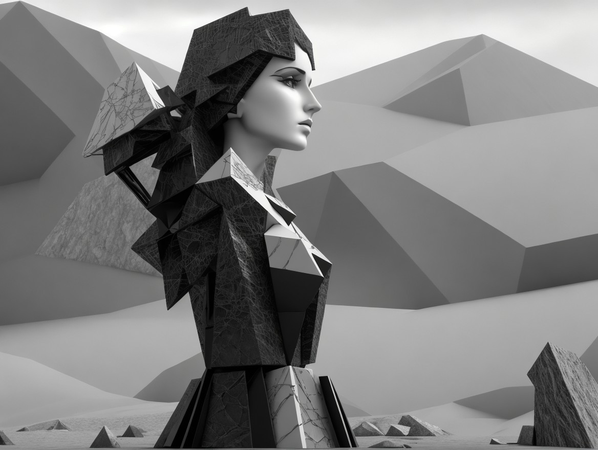 Stylized Angular Figure Against Abstract Mountain Landscape