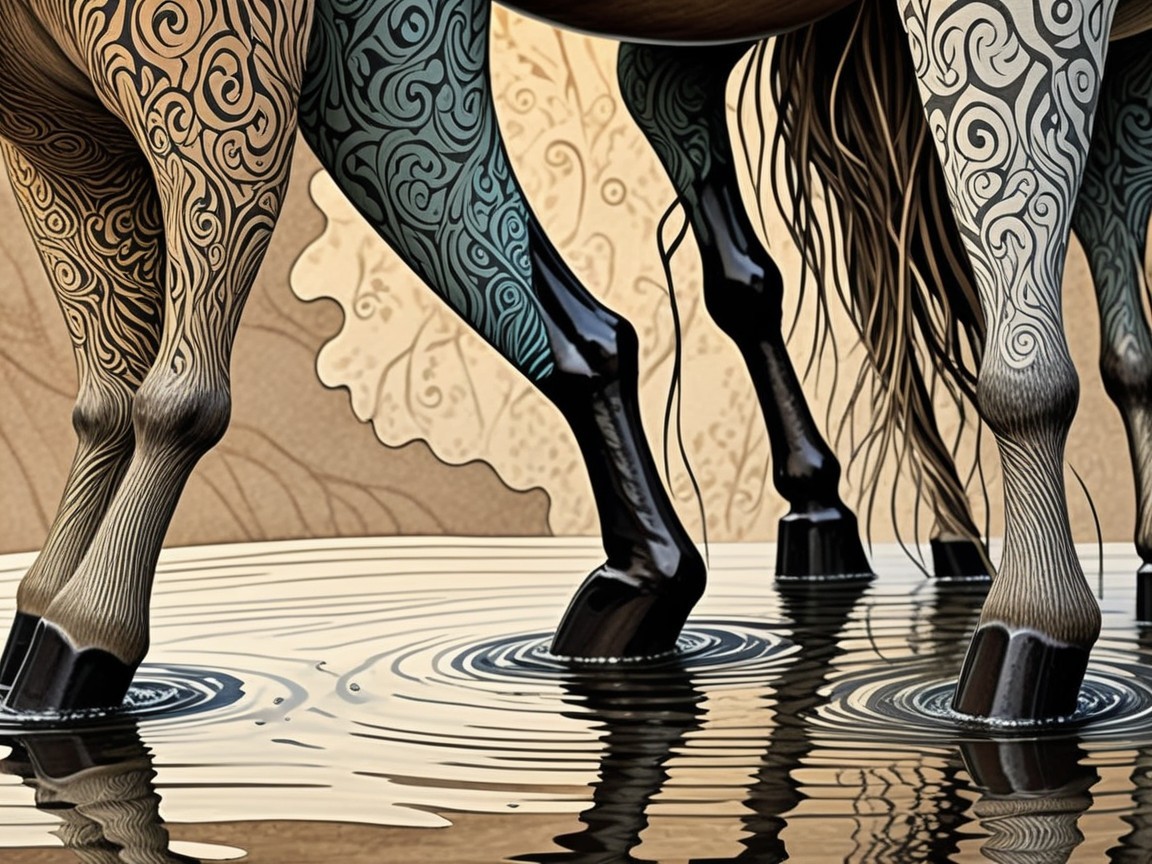 Horses' Lower Legs Reflected in Shallow Water