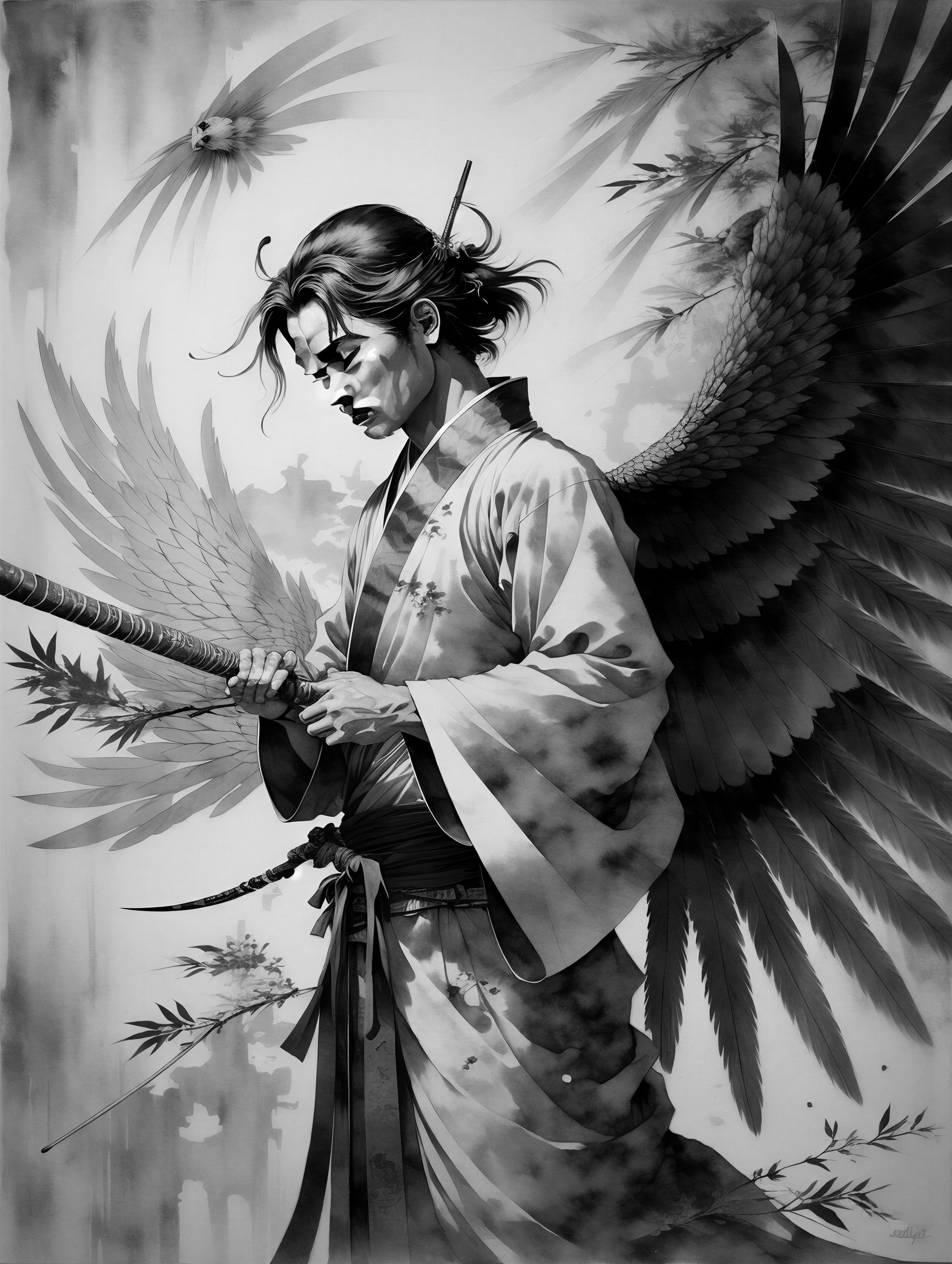 Samurai in Traditional Attire with Ethereal Wings