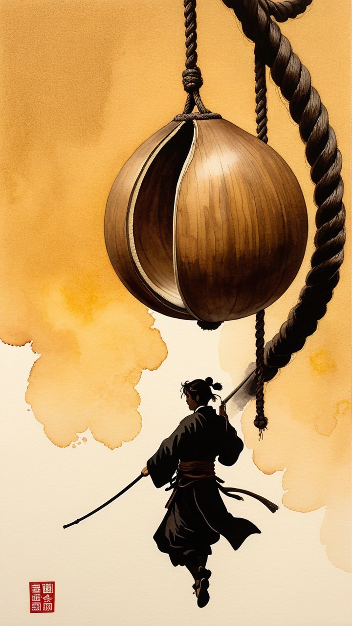 Warrior Silhouette with Sword and Training Ball Scene