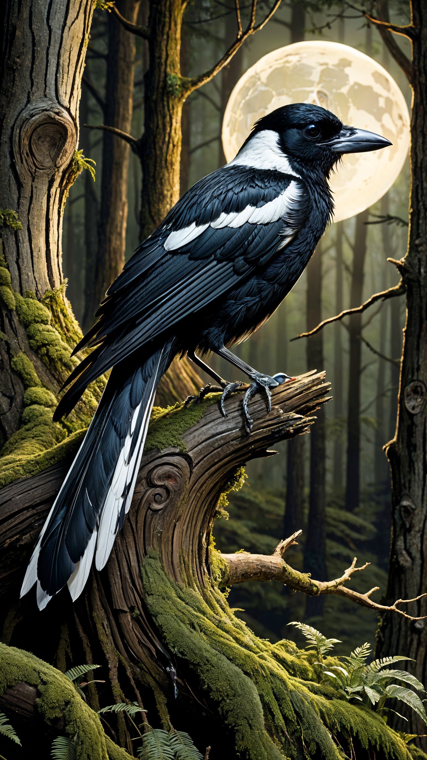 Black Bird with White Markings in Moonlit Forest