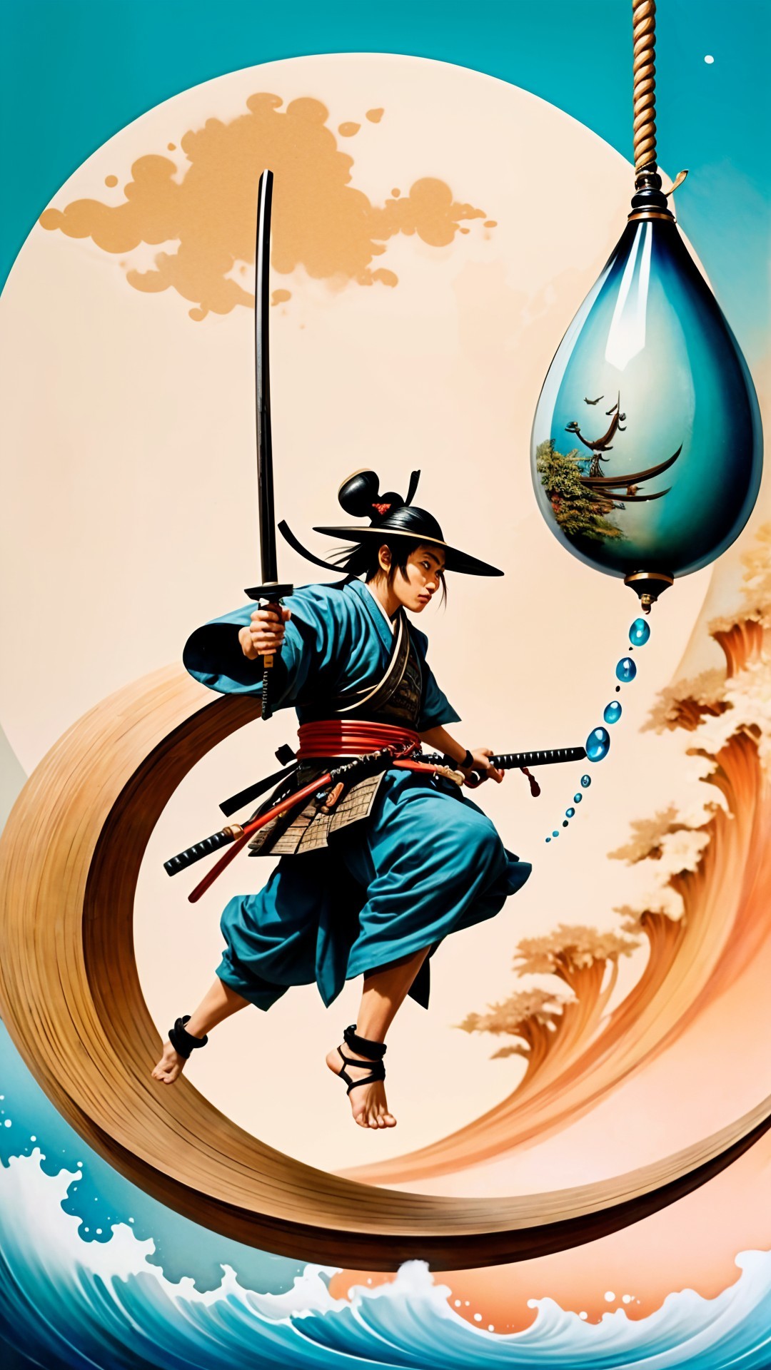 Dynamic Samurai Illustration with Waves and Clouds