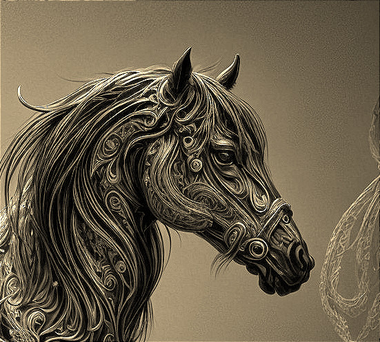Artistic depiction of a horse's head with intricate mane