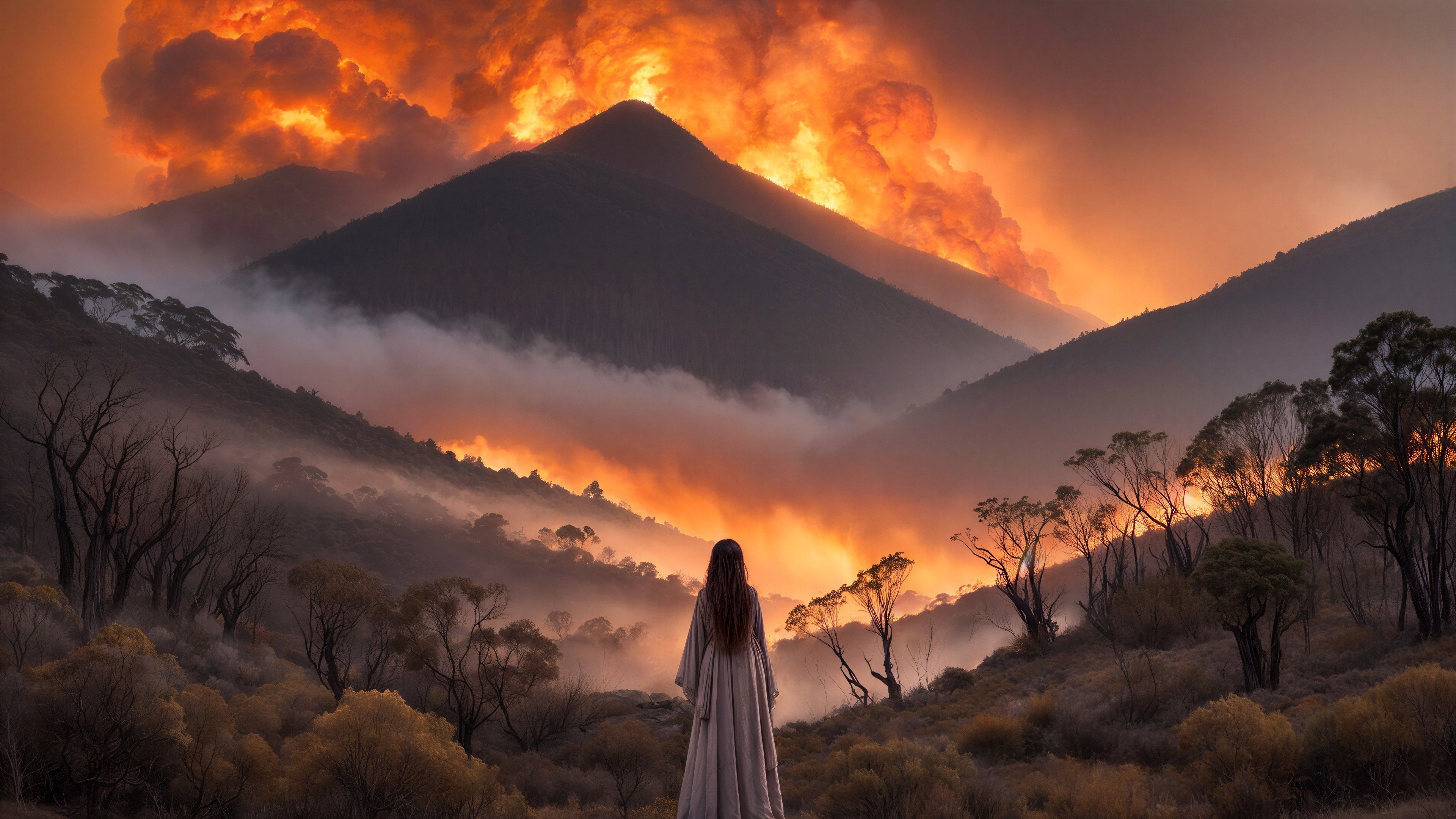 Figure in White Dress in Fiery Landscape Scene