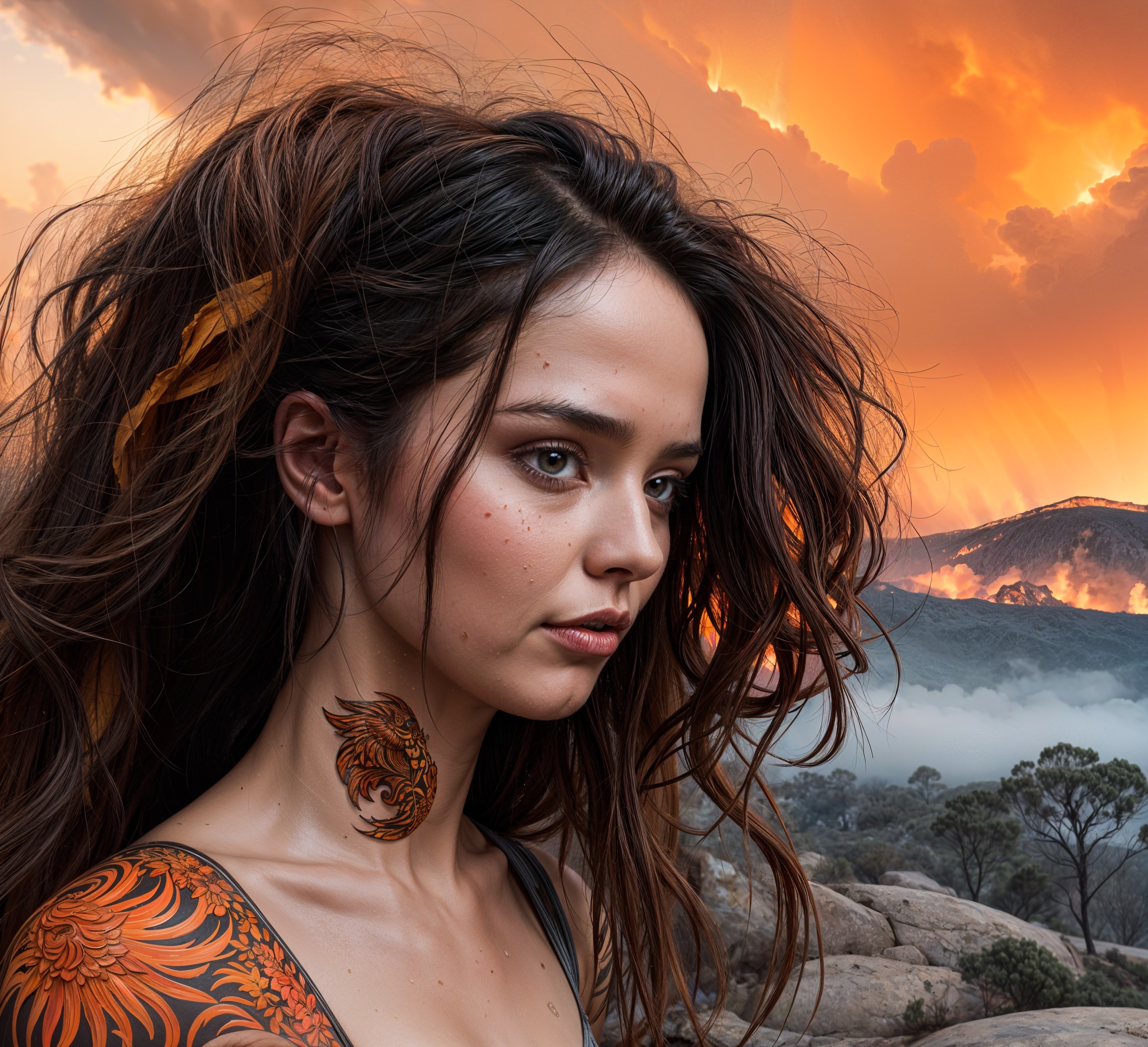 Young Woman with Tattoos Against Sunset Background