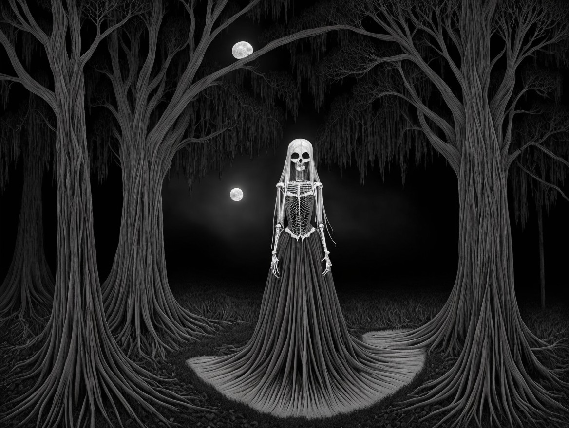 Skeletal Figure in a Dark, Eerie Forest Scene