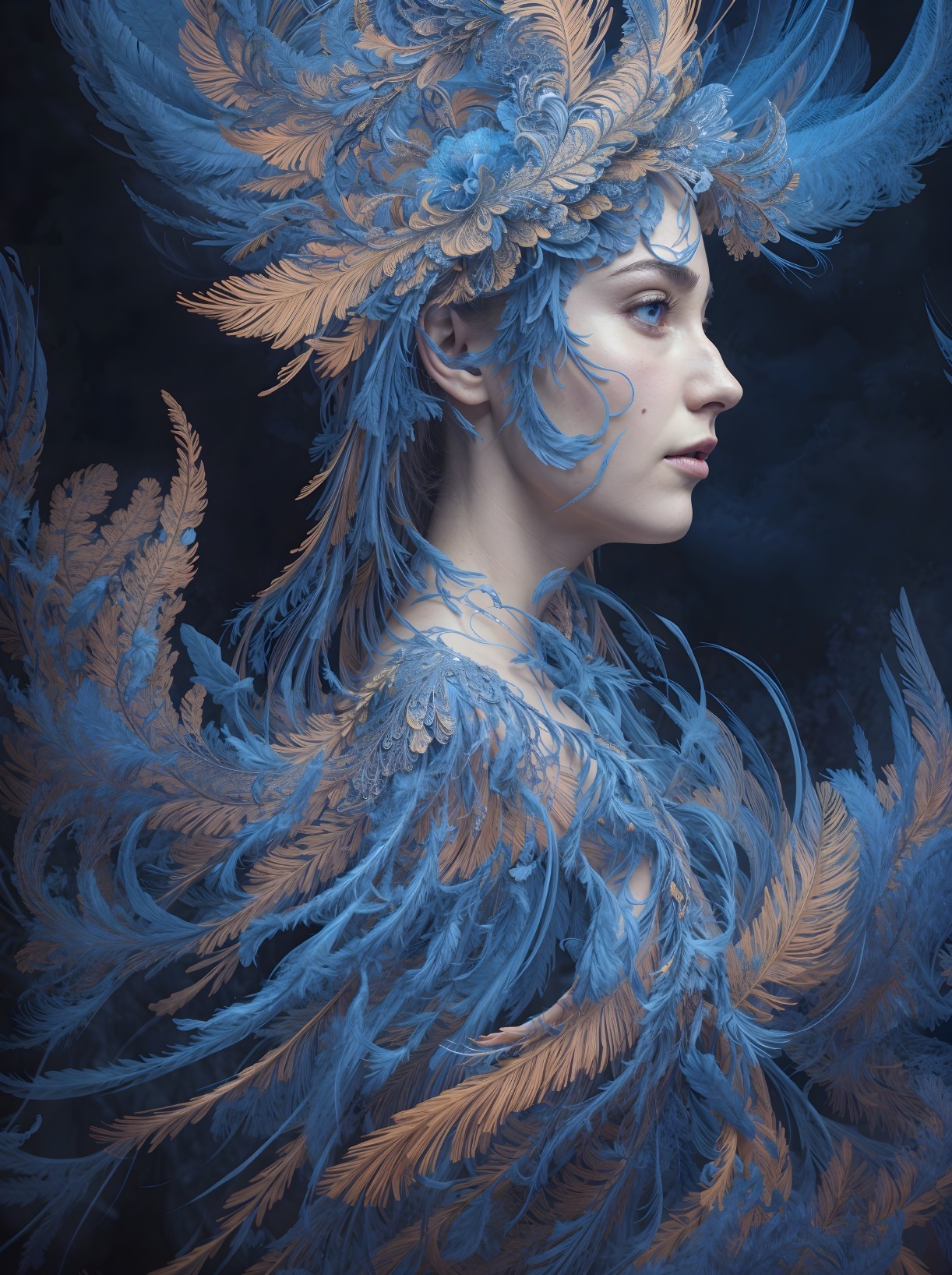 Profile of a woman with blue and gold feather headpiece