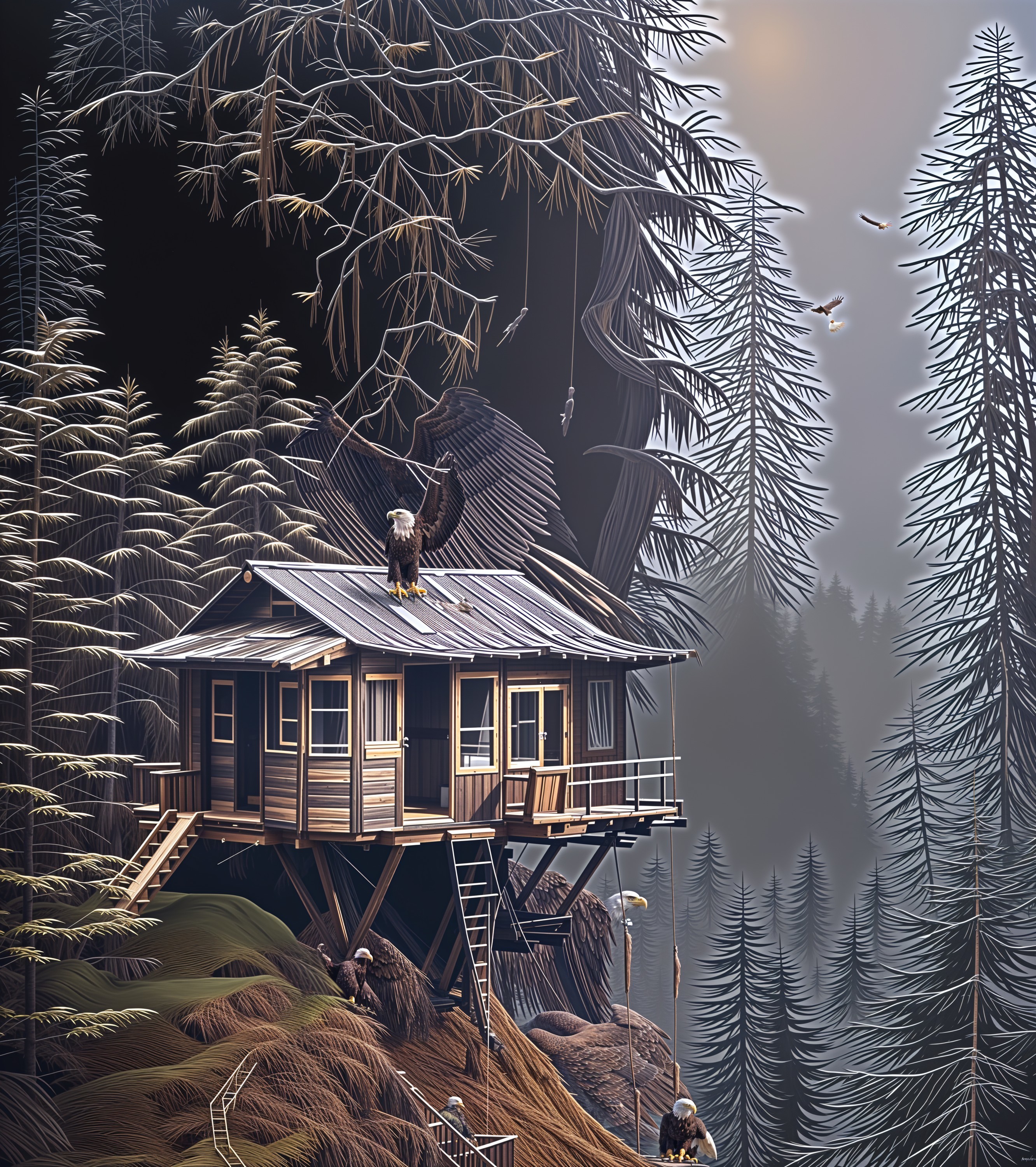 Rustic Wooden Cabin Among Misty Pine Trees