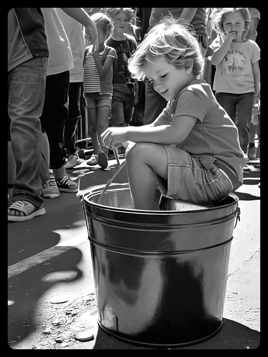 Child Playing in Metal Bucket at Outdoor Event