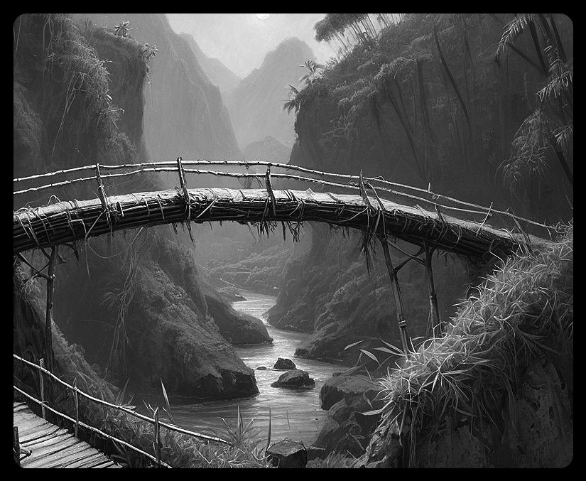 Monochrome Landscape with Bamboo Bridge and River