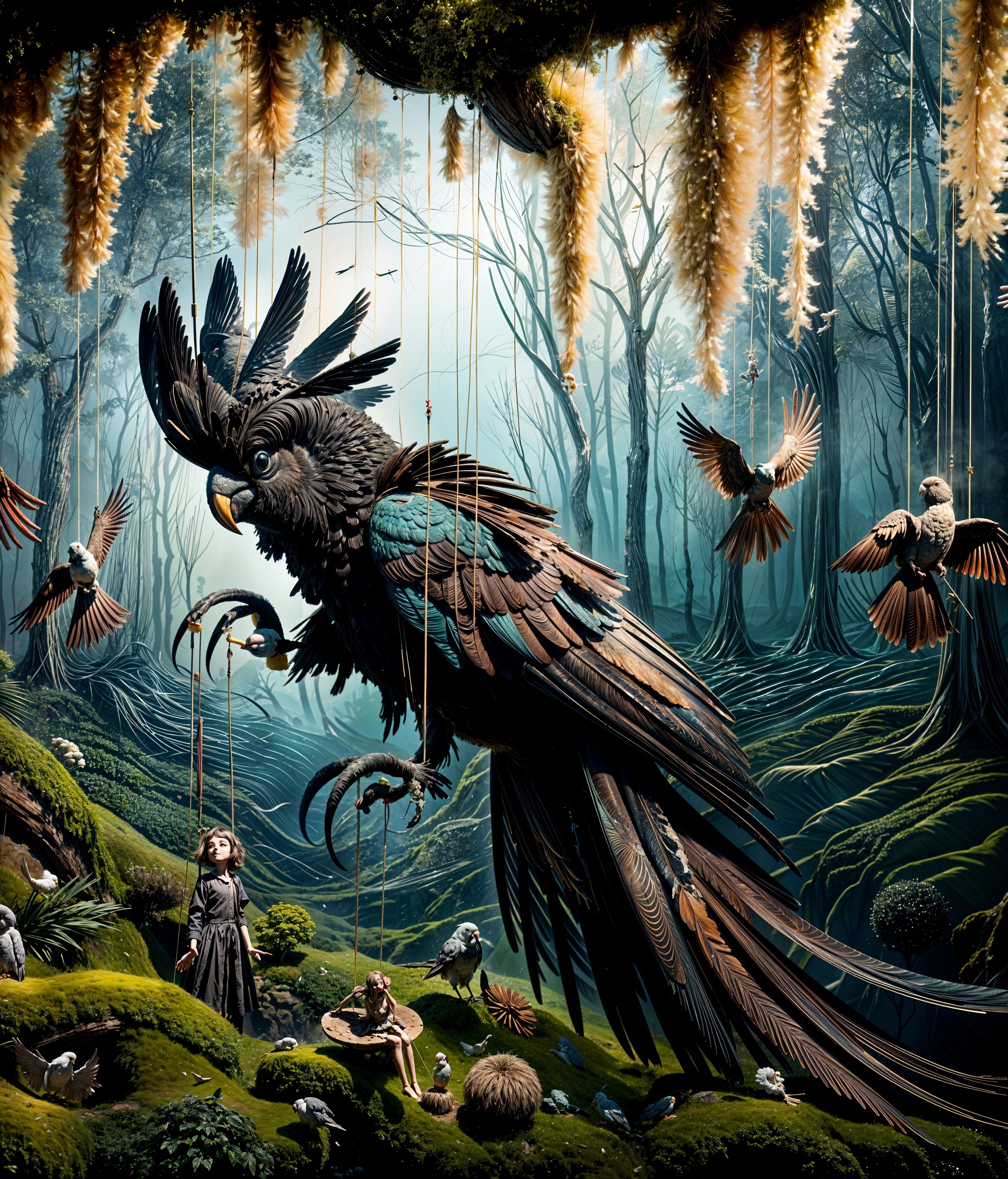 Surreal Forest with Carved Wooden Parrot and Girl