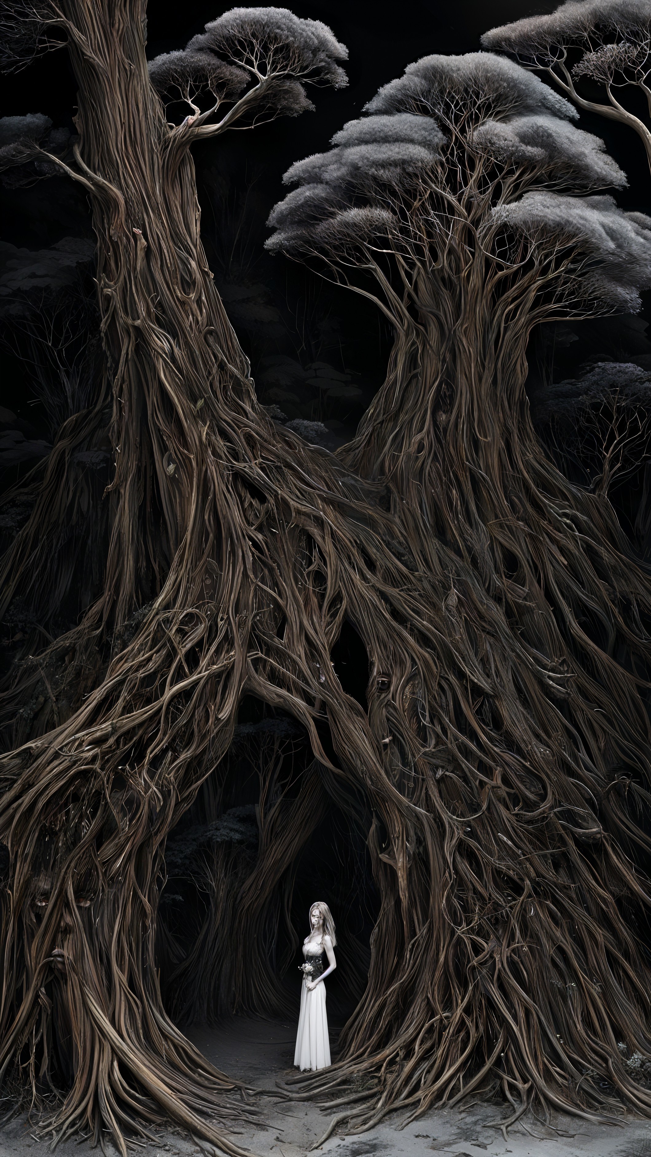 Surreal Landscape with Figure and Twisted Tree