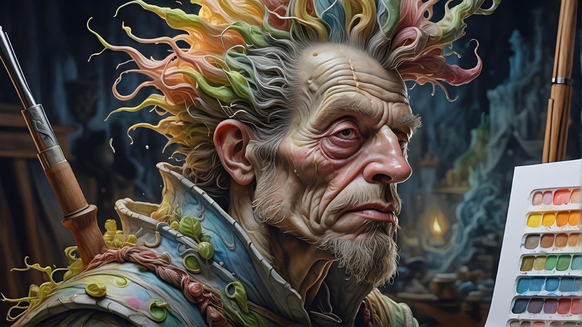 Elderly Artist with Multicolored Hair in Studio