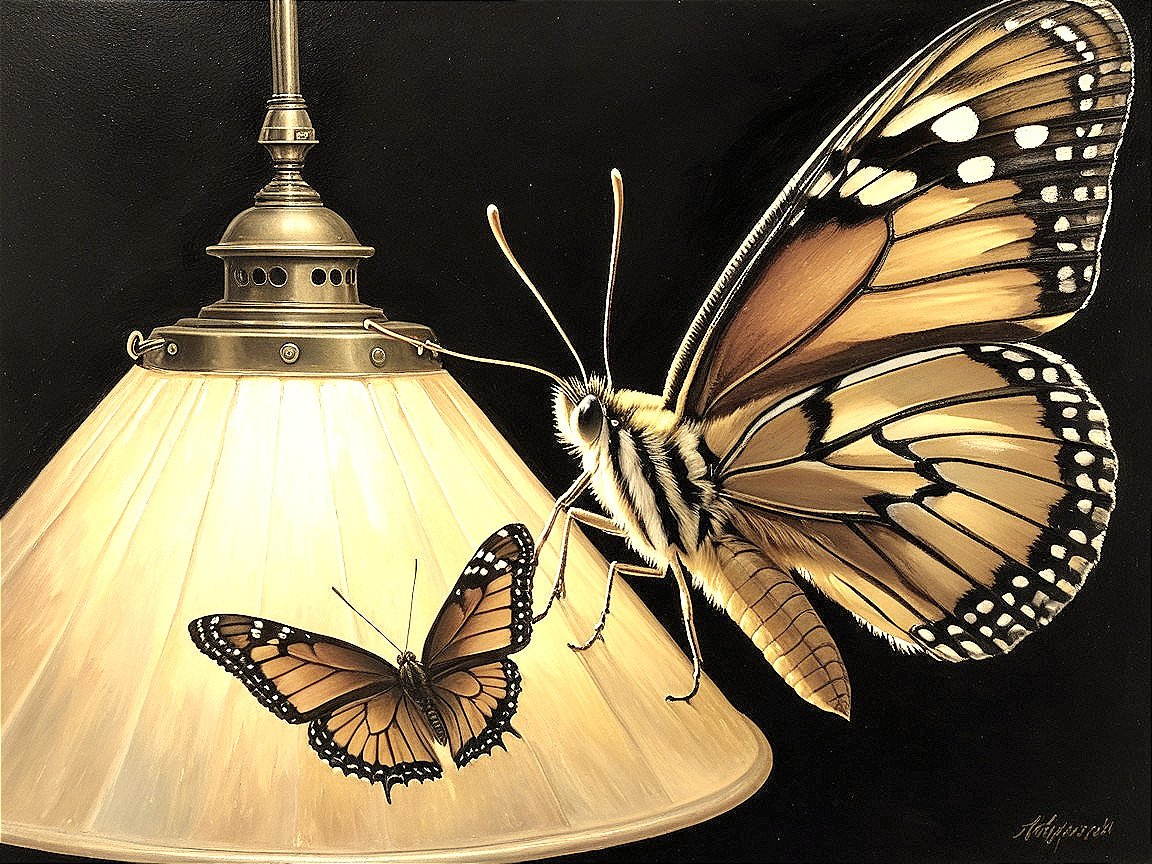 Butterflies by a Warmly Glowing Lamp in a Painting