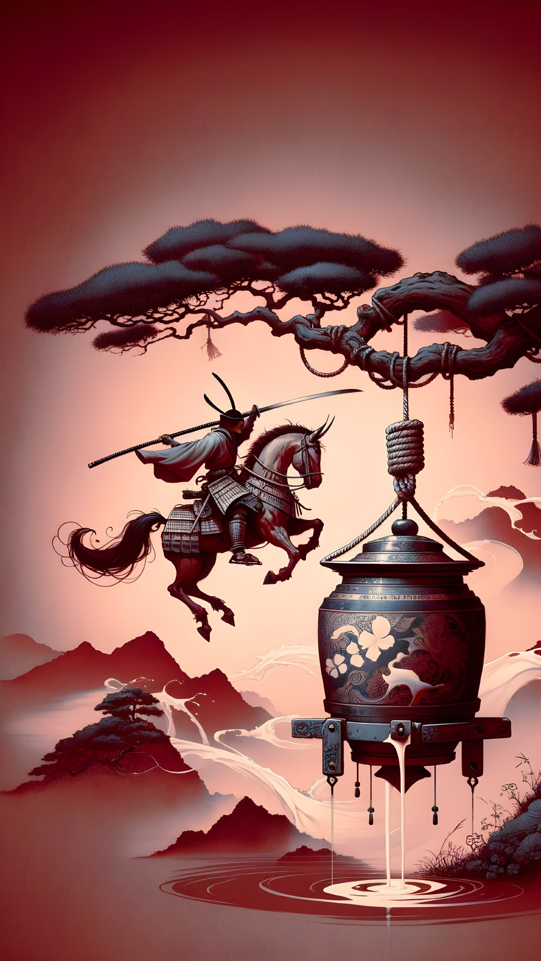 Warrior on Horseback with Spear Amidst Ethereal Mountains