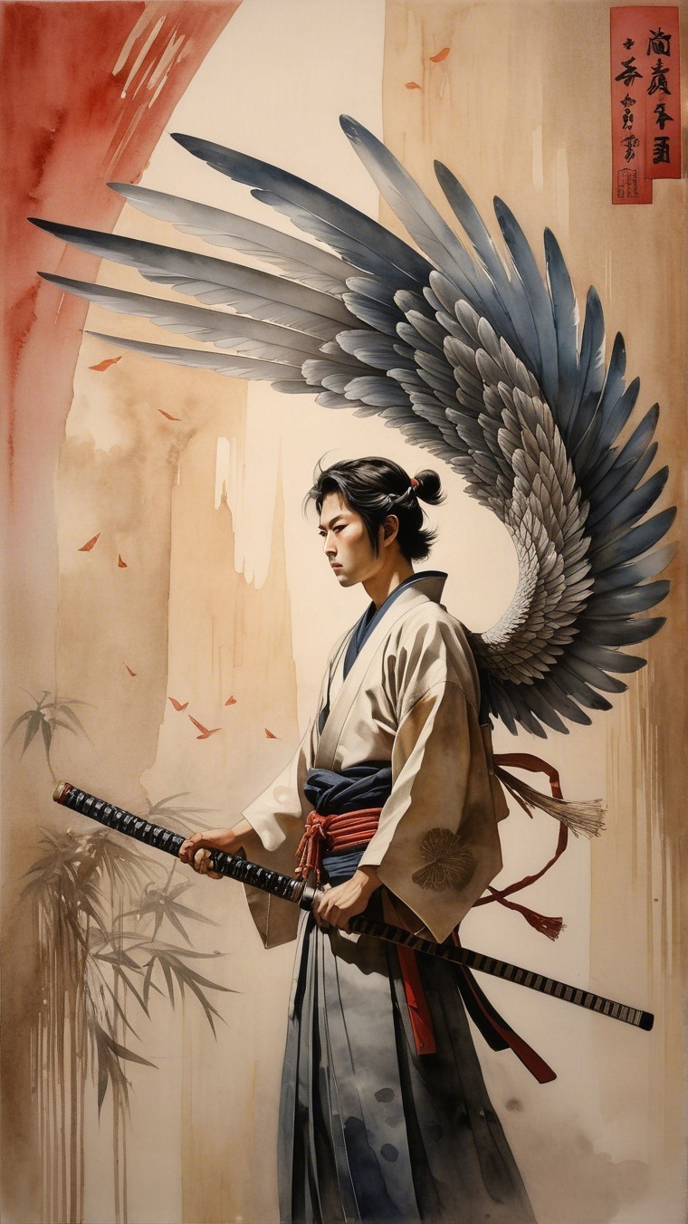 Lone Samurai with Katana and Feathered Wings