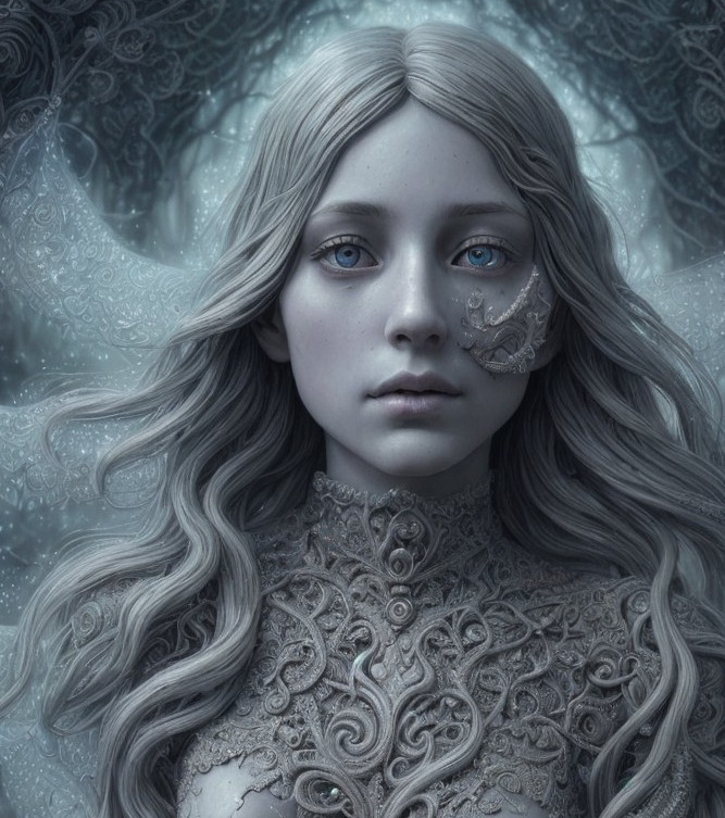 Young woman with blue eyes and silver hair in ethereal setting