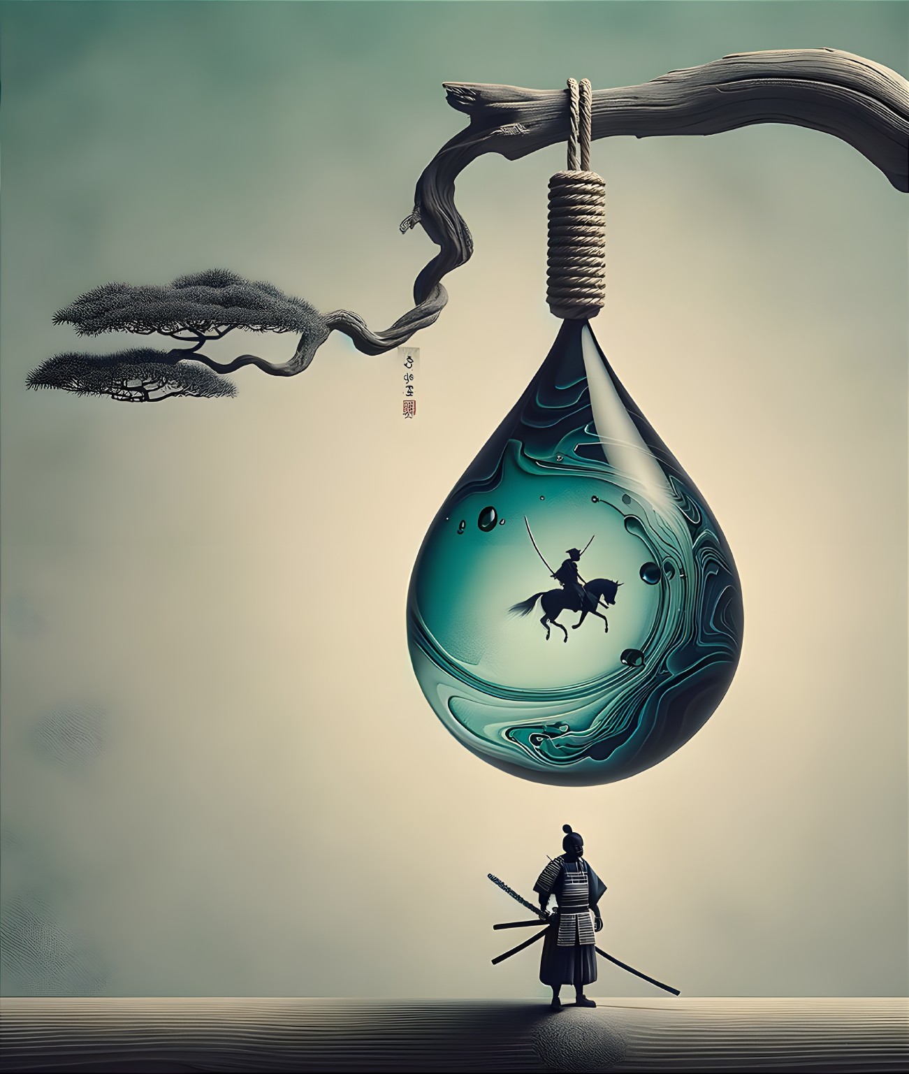 Solitary warrior beneath droplet with knight image