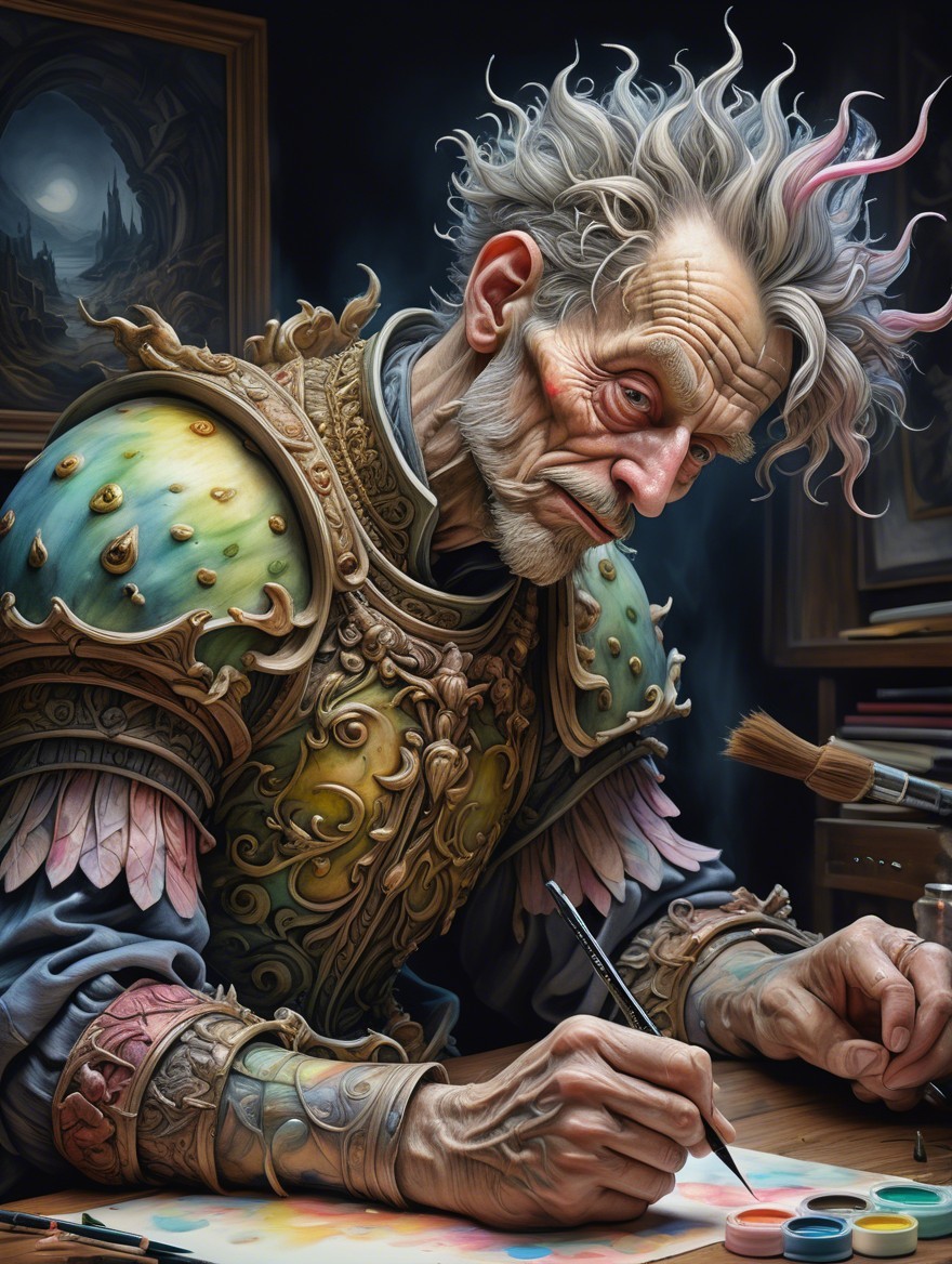 Elderly Man Painting at Wooden Table in Dim Light
