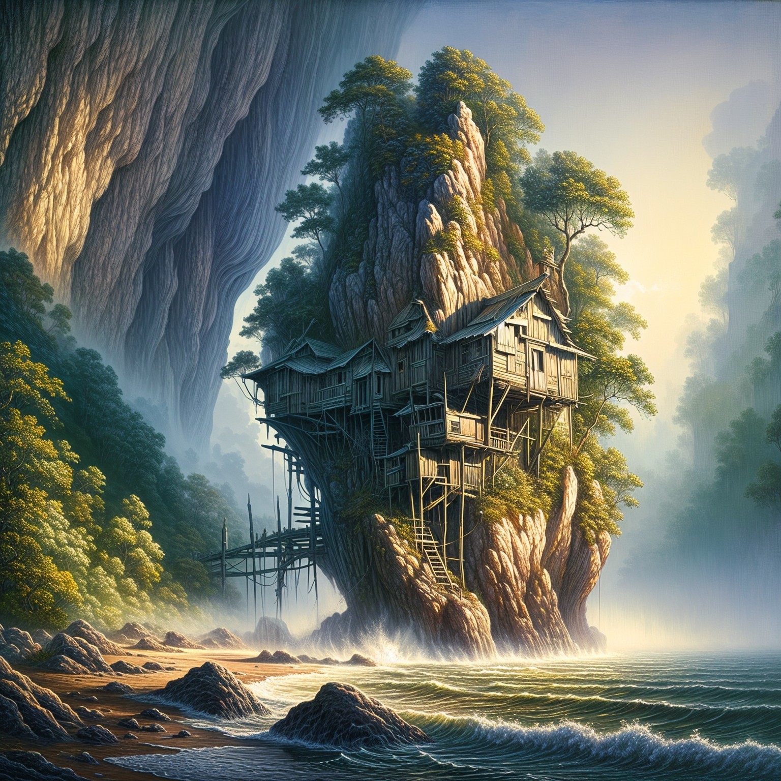 Surreal Landscape with Wooden House on Cliff Overlooking Sea