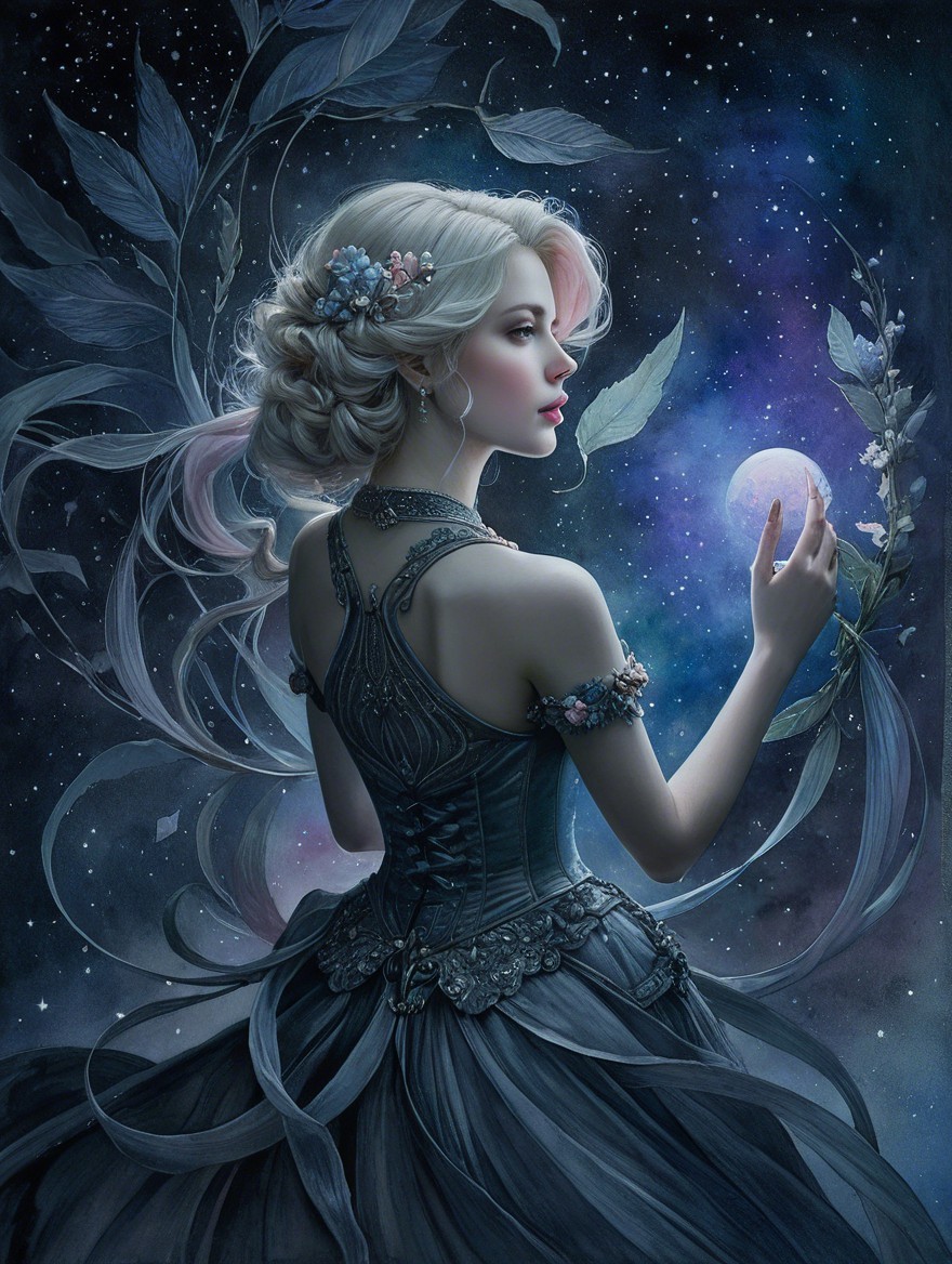 Mystical Scene of a Woman in Elegant Gown Under Moonlight