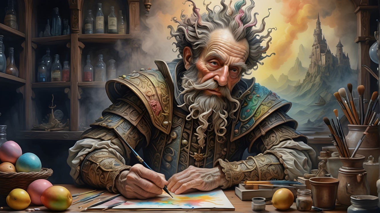 Elderly artist painting in a magical creative space